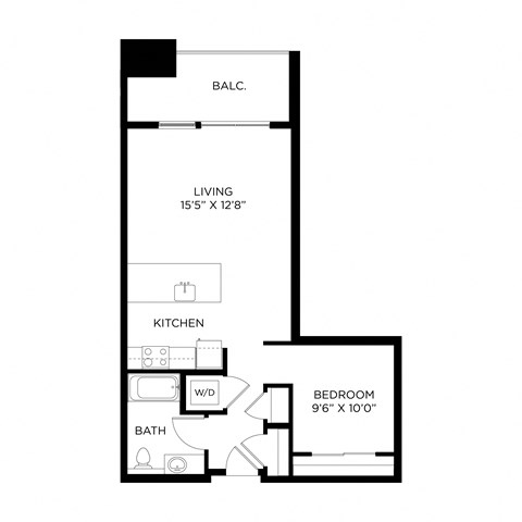 Floor plan for 1 bed, 1 bath, 689 sqft